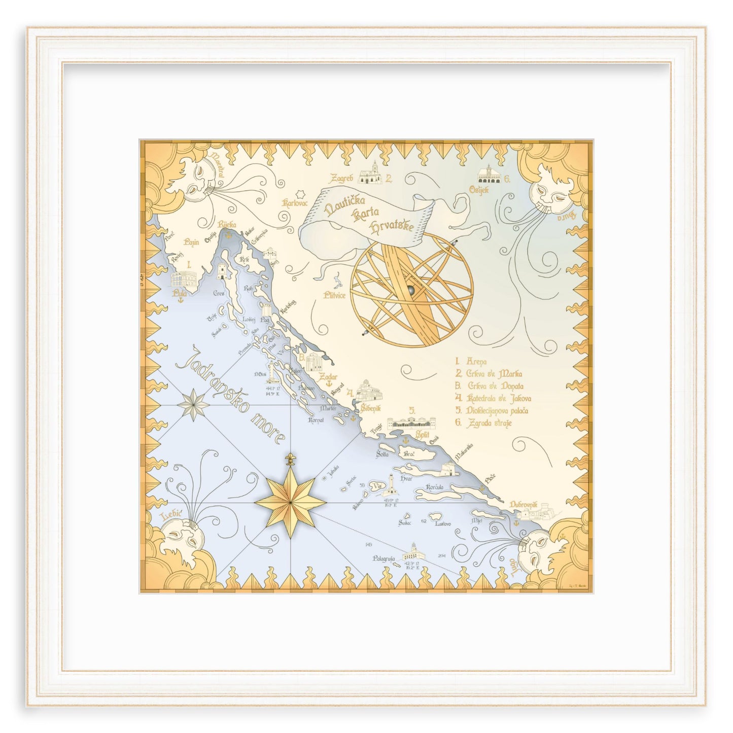 Nautical Map of Croatia - FRAMED