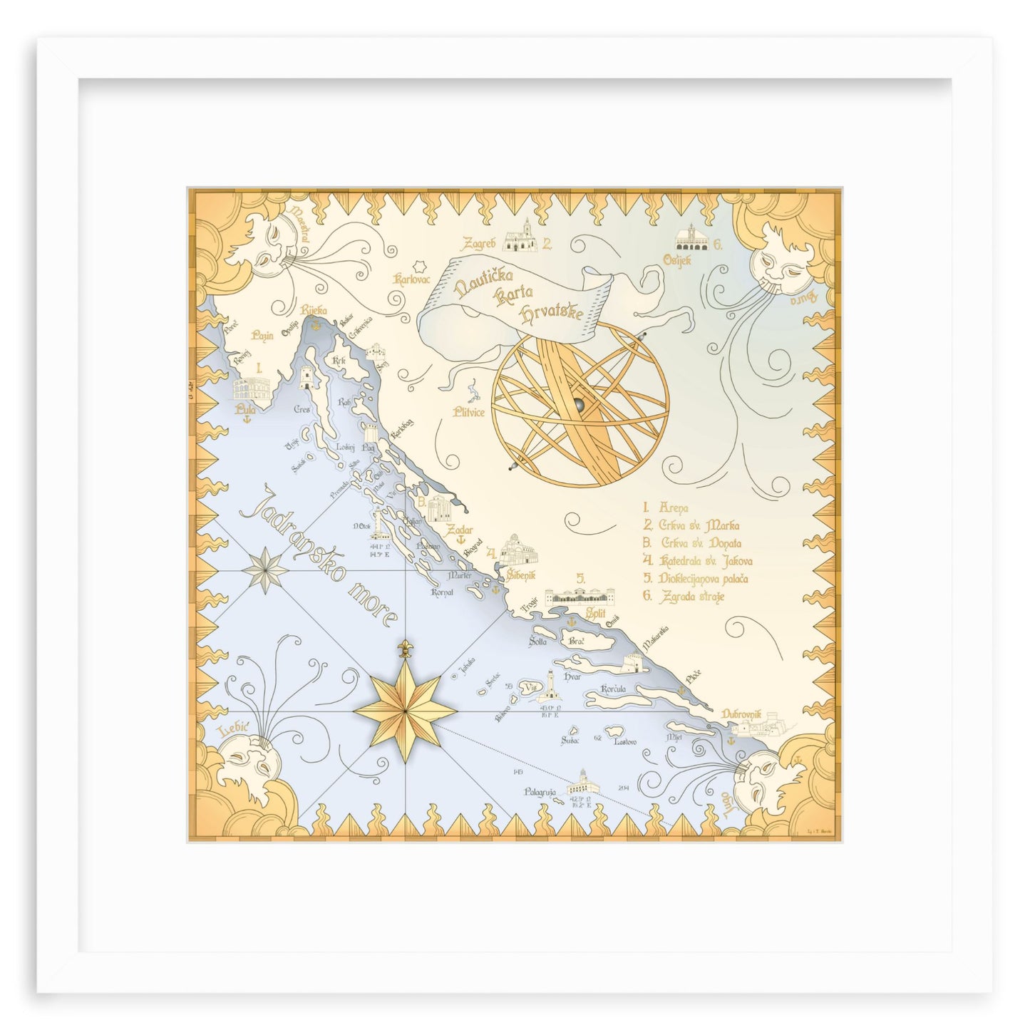 Nautical Map of Croatia - FRAMED