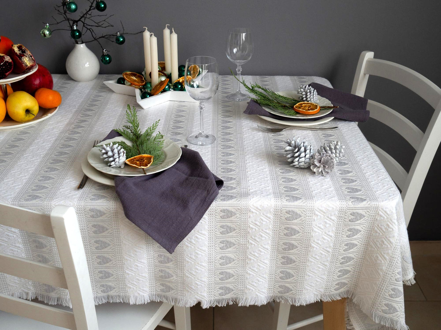 Soft Grey and White Tablecloth